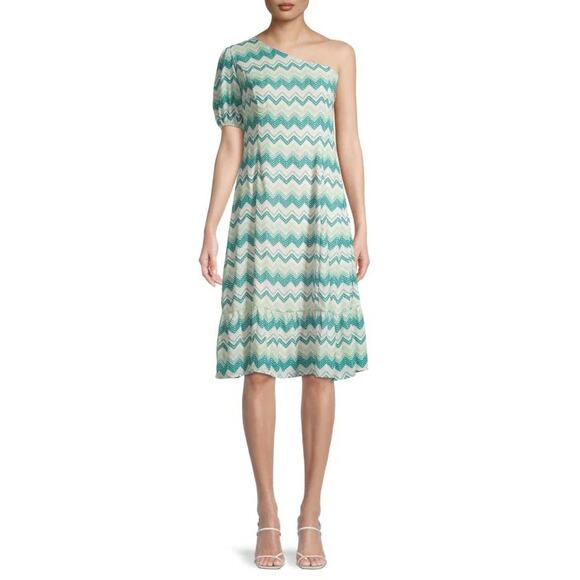 Collective Concepts Chevron One Shoulder Puff Sleeve Dress White Green M NWT - Picture 2 of 12